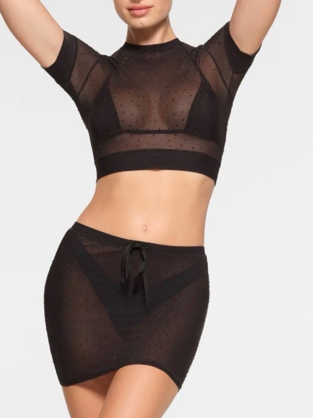 SKIMS Mesh Rhinestone Swim Cover Up Mini Skirt Onyx Black Women’s Small NWT